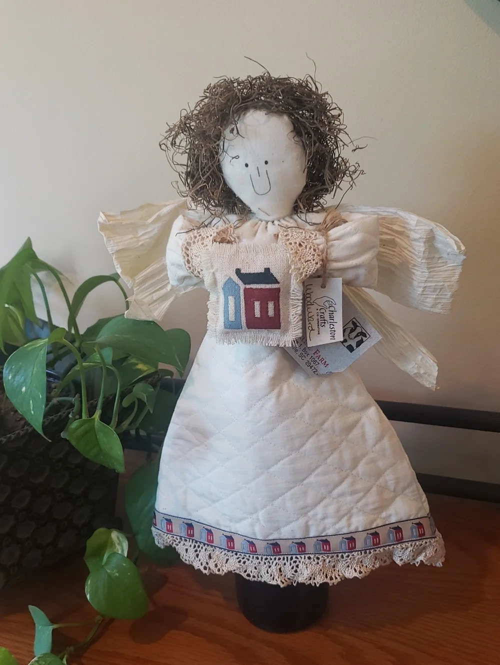 NWT Wine Bottle Cover/ Decor -Handcrafted Cream Angel with House Design